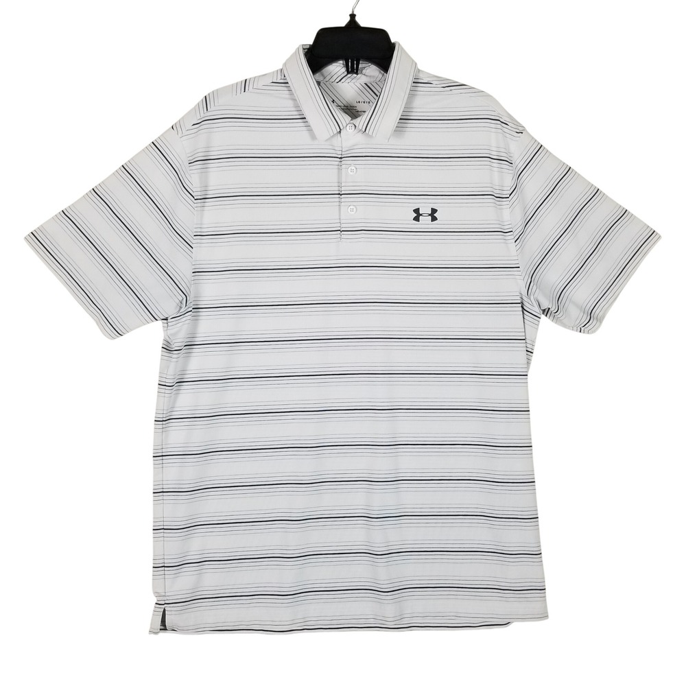 Under Armour Polo Shirt Men Large White Striped HeatGear Short Sleeve Loose Fit